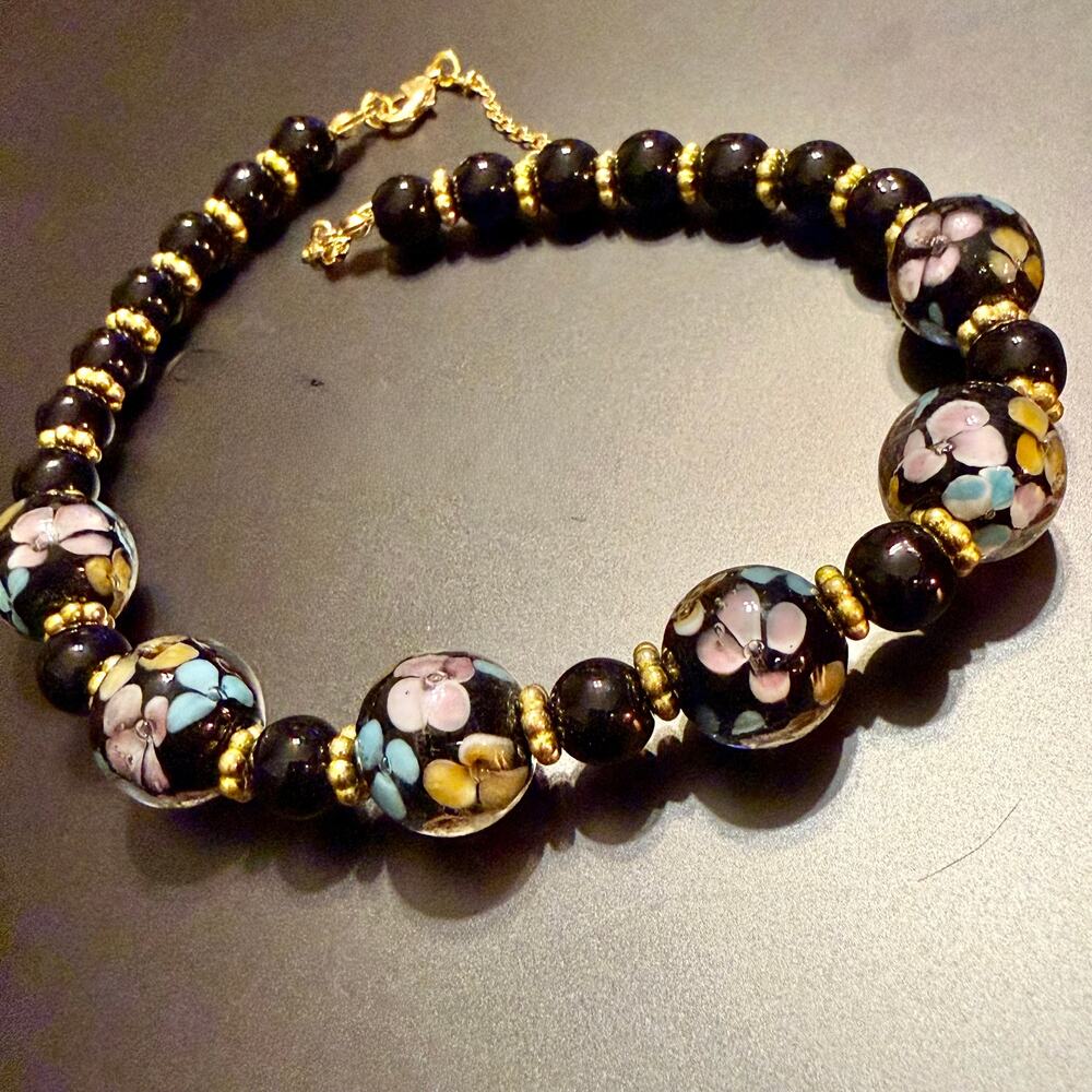 Vintage Black Floral Venetian Glass Beaded Choker Necklace